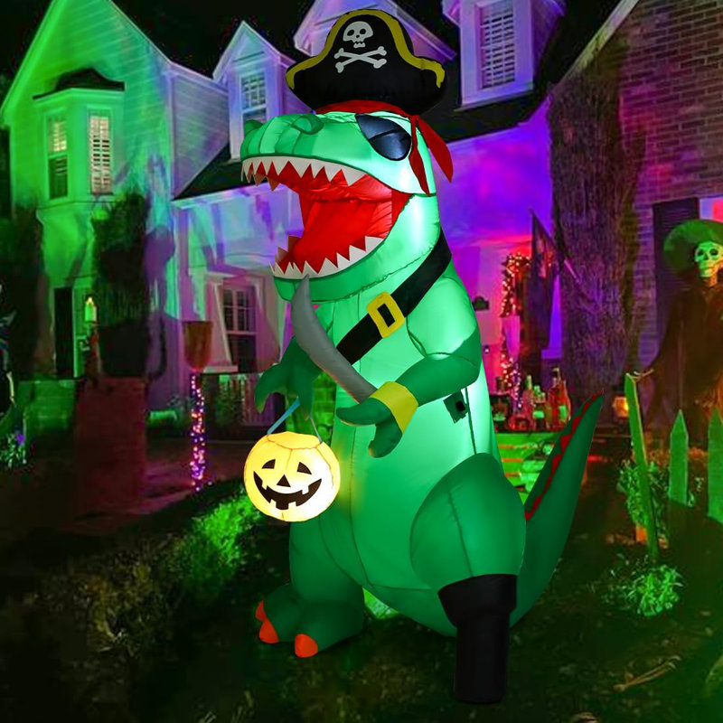 Halloween Outdoor LED Décor of 7ft Tall Green hot Dinosaur Pirate Inflatable